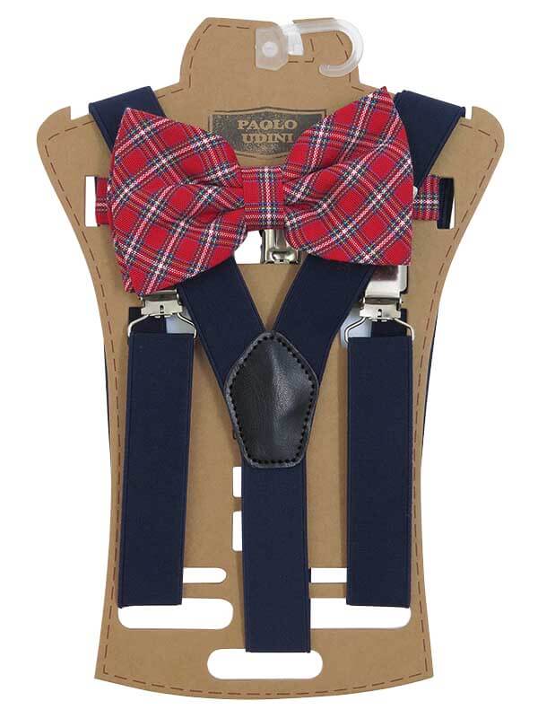 Zestaw - granatowe szelki do spodni i czerwona mucha w kratkę XM9