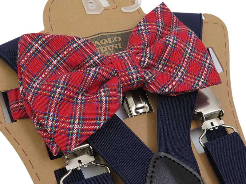 Zestaw - granatowe szelki do spodni i czerwona mucha w kratkę XM9