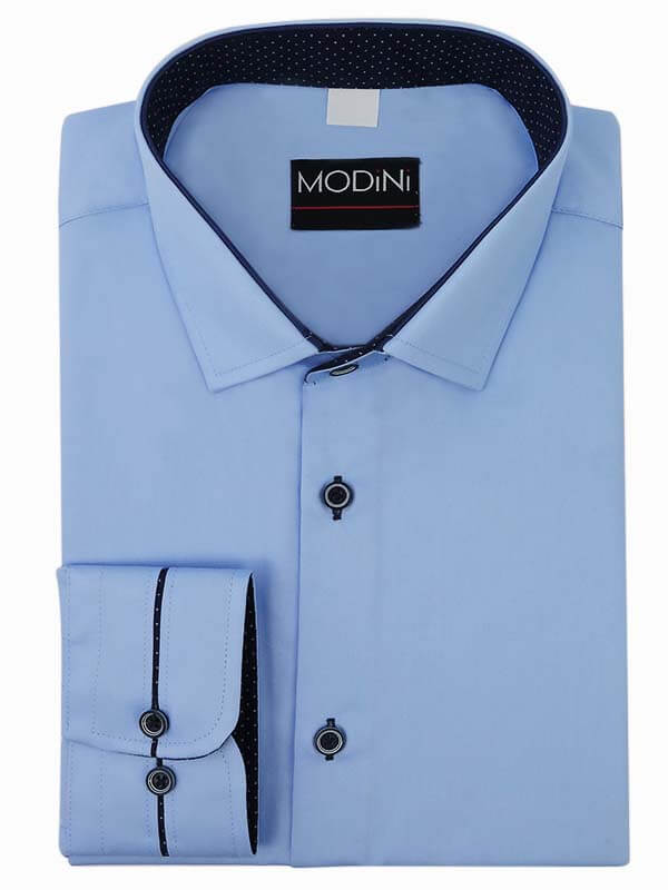 Błękitna/niebieska koszula męska z granatowymi kontrastami w kropki Y06