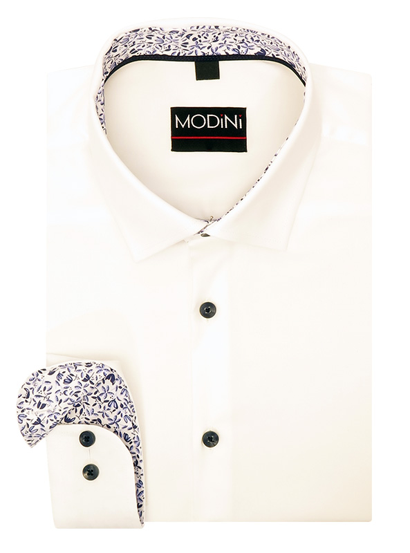 Biała elastyczna koszula męska Modini z kontrastem  kwiatki DD13