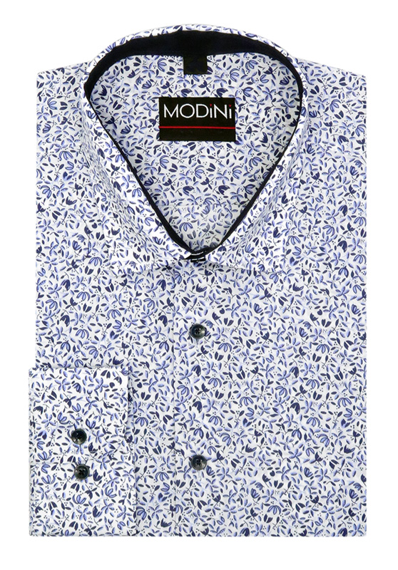 Biała elastyczna koszula męska Modini w niebieskie kwiaty DD10