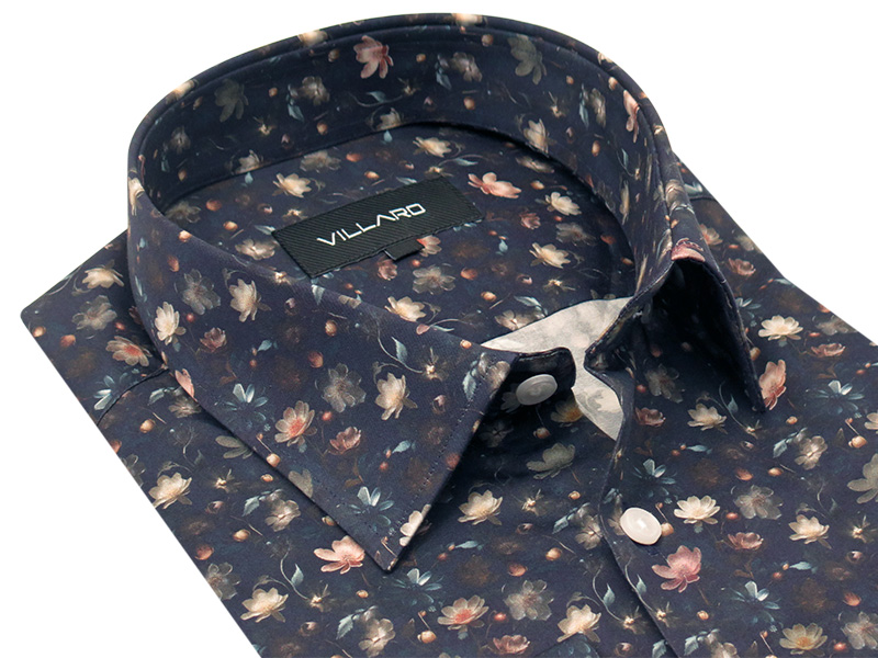 Granatowa koszula męska VILLARO w kolorowe kwiaty N048