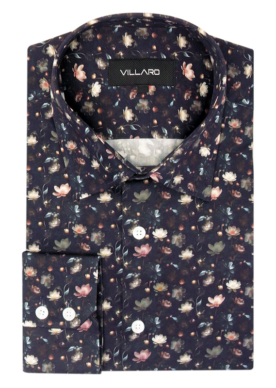 Granatowa koszula męska VILLARO w kolorowe kwiaty N048