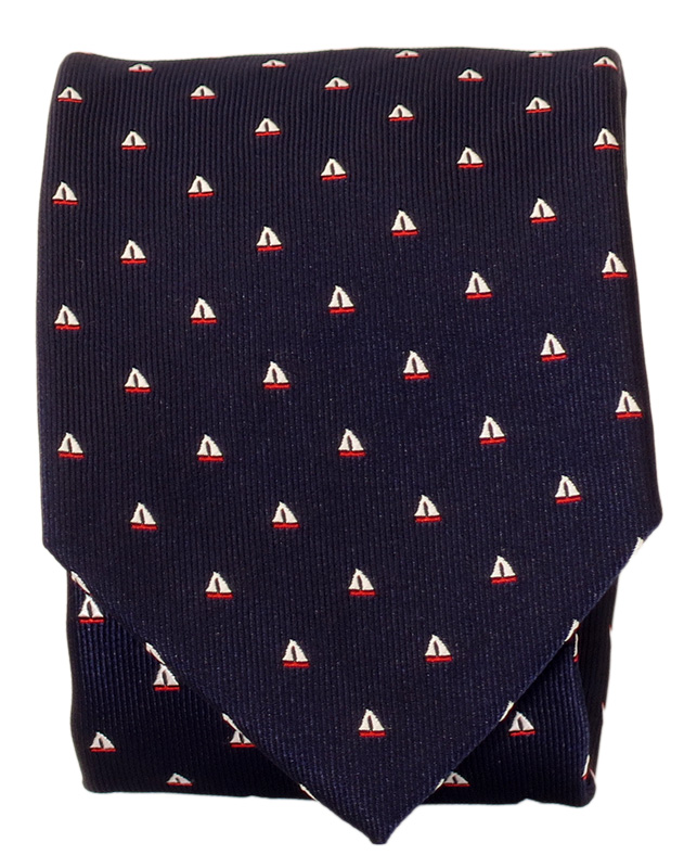 Granatowy krawat w małe żaglówki D372