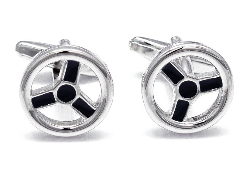 Srebrno-czarne spinki do mankietów - kierownica A154