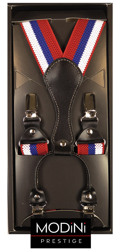 Biało-niebiesko-czerwone szelki męskie w paski